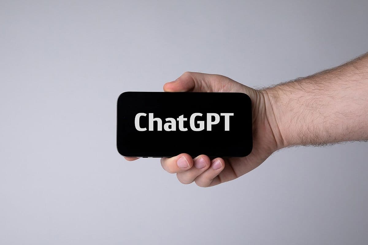 Mão segura um celular na horizontal com a palavra ChatGPT na tela, sobre fundo cinza