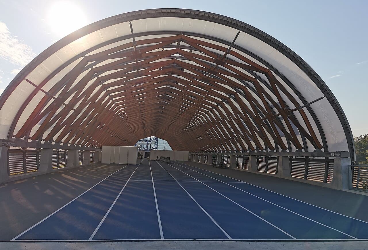 Pista de corrida azul de seis raias sob uma estrutura em arco de madeira e cobertura translúcida, sem pessoas