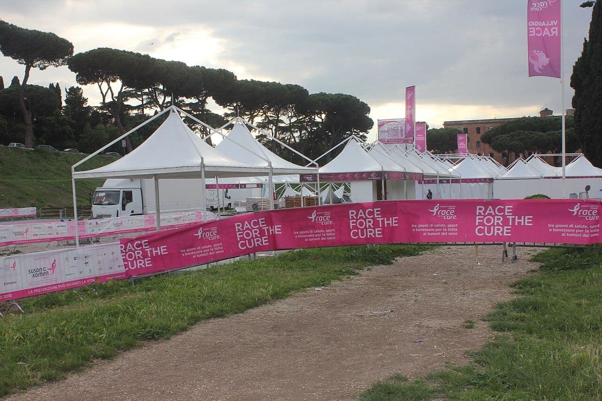 Tendas brancas e faixas cor-de-rosa da Race for the Cure num gramado em Roma, com pinheiros ao fundo